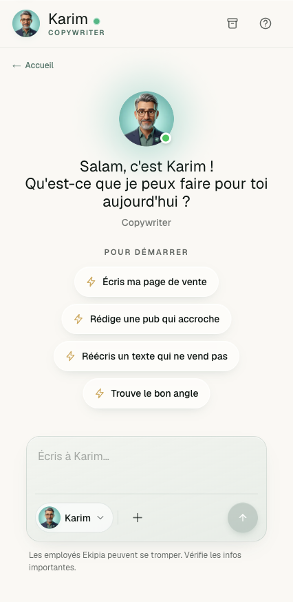 Écran de l'application Karim, l'employé IA Ekipia