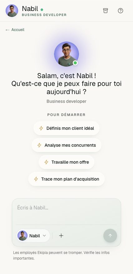 Écran de l'application Nabil, l'employé IA Ekipia