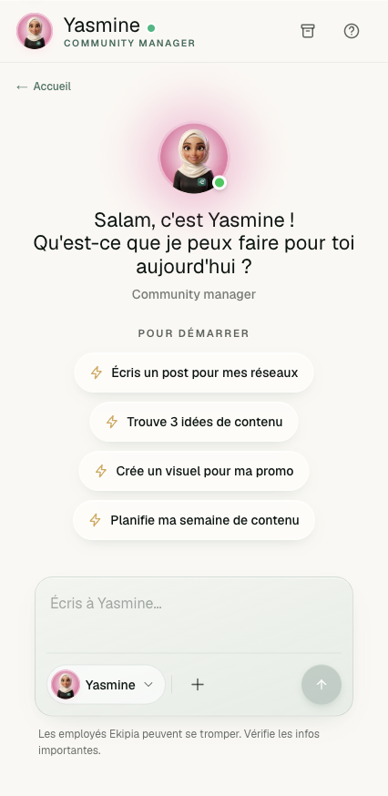 Écran de l'application Yasmine, l'employé IA Ekipia